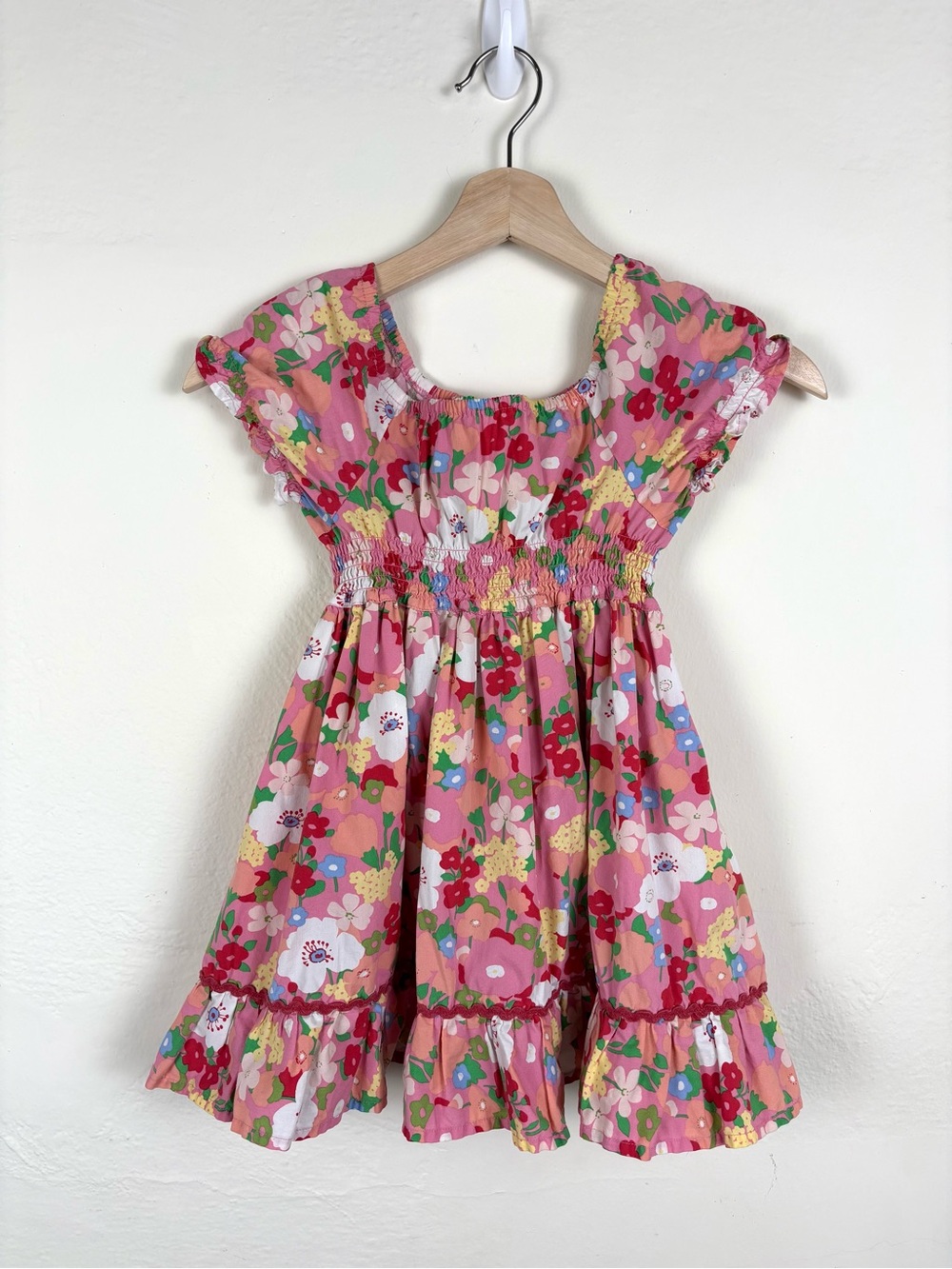 Matilda Jane Girls Size 4 Pink Floral Smocked Square Neck Ruffle Hem Dress